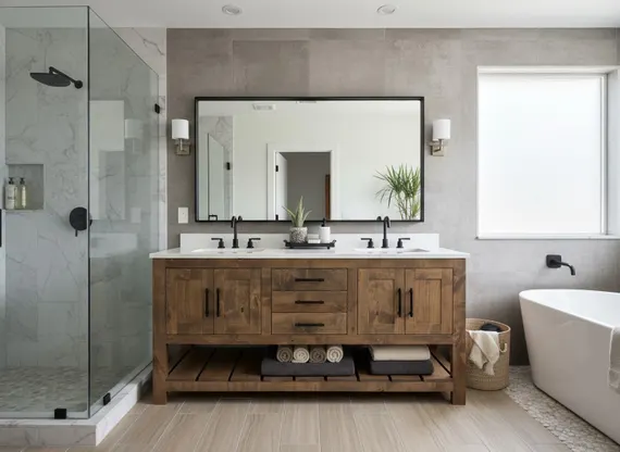 Bathroom remodeling project Monmouth County NJ with custom wood vanity and glass shower